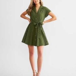 Zara Women's Elegant Green Eyelet Shirt Dress M Bottom Up